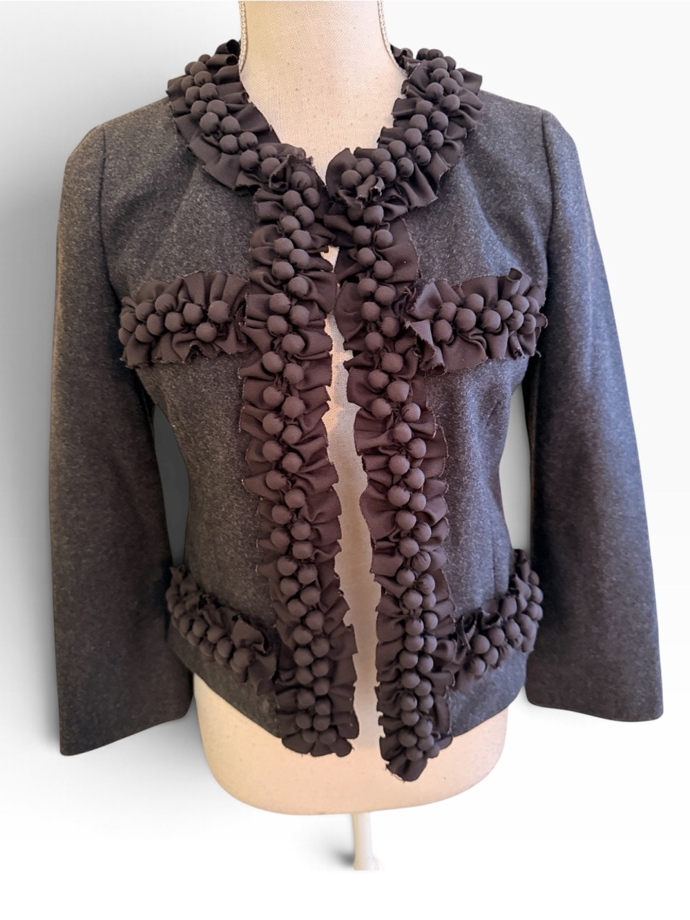 J. Crew Vintage "Astrid" Charcoal Gray Wool Ruffle Pom-Pom Berry Trim Jacket 0